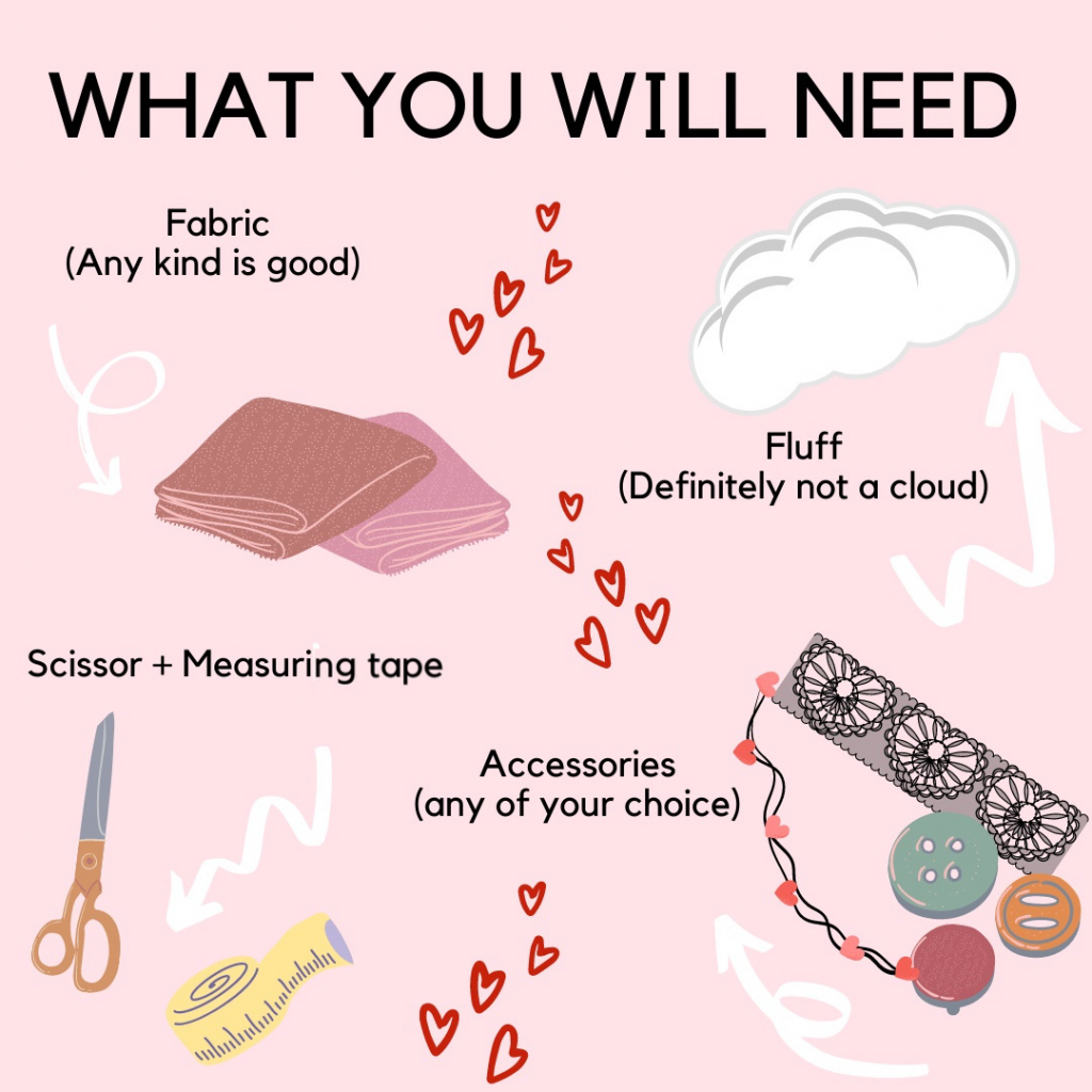 Text says, "What you will need." Icons of fabric, fluff, scissors and measuring tape, and accessories are shown.