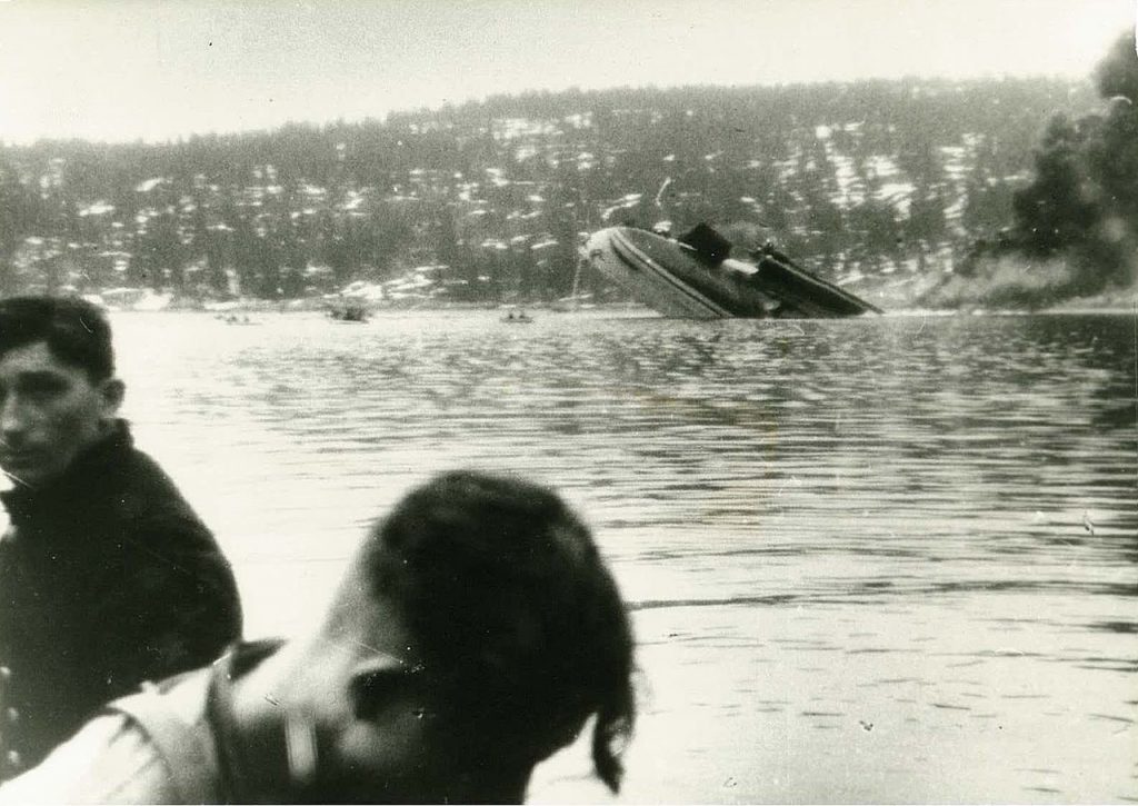 Black and white photograph of a Blücher warship sinking after the Battle of Drøbak Sound.