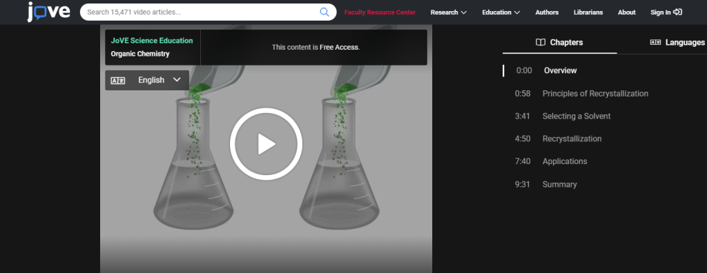 The interface of the JoVE resource. A video for Organic Chemistry is shown.